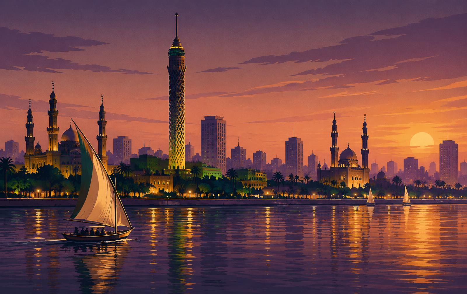 Cairo skyline over the Nile at dusk